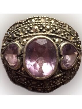 Silver tone ring with purple stones, hearts